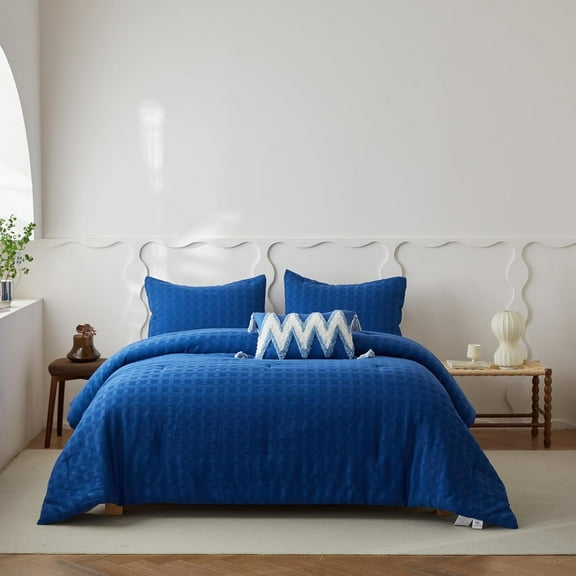 Simple&Opulence 100% Cotton Waffle Weaving Comforter Set-3 Pieces Bedding Set(1 Comforter and 2 Pillowcases), Lightweight Soft Breathable Comforter Bed Sets for All Season(Navy Blue, King)