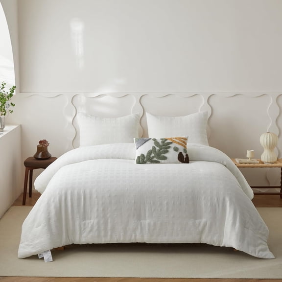 Simple&Opulence 100% Cotton Waffle Weaving Comforter Set-3 Pieces Bedding Set(1 Comforter and 2 Pillowcases), Lightweight Soft Breathable Comforter Bed Sets for All Season(White, Queen)