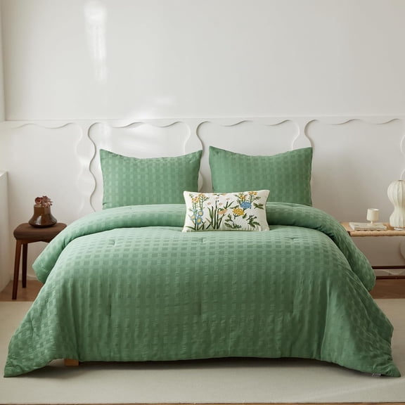 Simple&Opulence 100% Cotton Waffle Weaving Comforter Set-3 Pieces Bedding Set(1 Comforter and 2 Pillowcases), Lightweight Soft Breathable Comforter Bed Sets for All Season(Forest Green, Queen)