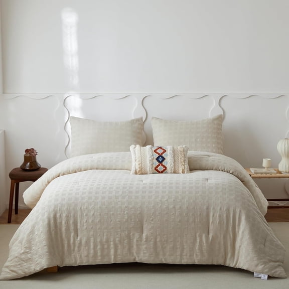 Simple&Opulence 100% Cotton Waffle Weaving Comforter Set-3 Pieces Bedding Set(1 Comforter and 2 Pillowcases), Lightweight Soft Breathable Comforter Bed Sets for All Season(Khaki, King)