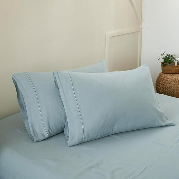 Simple&Opulence 100% French Linen Pillowcase King Size-Set of 2- Washed Solid Color Pillow Cases Embroidered -Soft and Durable (Dusty Blue, 20''x40'')