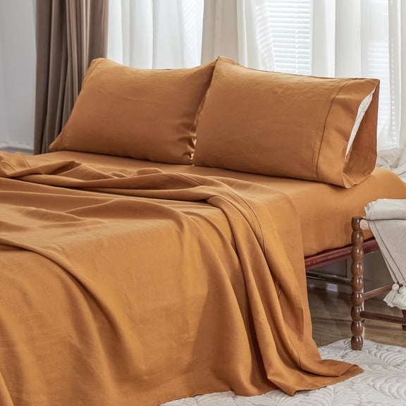 Simple&Opulence 100% French Linen Sheet Set Breathable Durable for Hot Sleepers Bed Sheets 4 Pcs Set -1 Flat Sheet,1 Fitted Sheet,2 Pillowcases-with Hemstitch Lace and Embroidery (Rust, Queen)