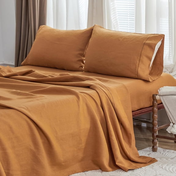 Simple&Opulence 100% French Linen Sheet Set Breathable Durable for Hot Sleepers Bed Sheets 4 Pcs Set-1 Flat Sheet,1 Fitted Sheet,2 Pillowcases-with Hemstitch Lace Embroidery Design (Rust, King)