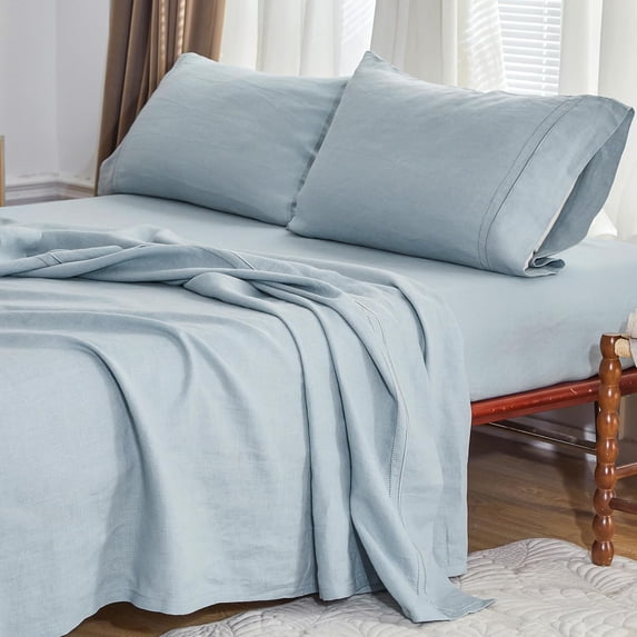 Simple&Opulence 100% French Linen Sheet Set Breathable Durable for Hot Sleepers Bedding 4 Pcs-1 Flat Sheet,1 Fitted Sheet,2 Pillowcases with Hemstitch Lace Embroidery Luxury Design (Dusty Blue, King)