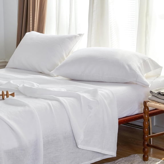 Simple&Opulence 100% French Linen Sheet Set Breathable Durable for Hot Sleepers Bedding 4 Pcs - 1 Flat Sheet,1 Fitted Sheet,2 Pillowcases with Hemstitch Lace Embroidery Design (White, Queen)