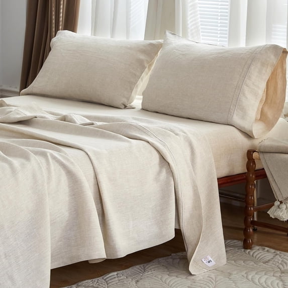 Simple&Opulence 100% French Linen Sheet Set Breathable Durable for Hot Sleepers Bedding 4 Pcs Set-1 Flat Sheet,1 Fitted Sheet,2 Pillowcases with Hemstitch Lace Embroidery Design (Linen, King)