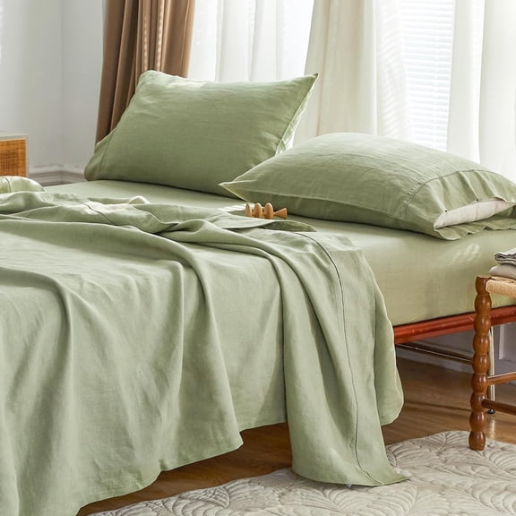 Simple&Opulence 100% French Linen Sheet Set Breathable Durable for Hot Sleepers Bedding 4 pcs - 1 Flat Sheet,1 Fitted Sheet,2 Pillowcases with Hemstitch Lace Embroidery Design (Sage Green, Full)