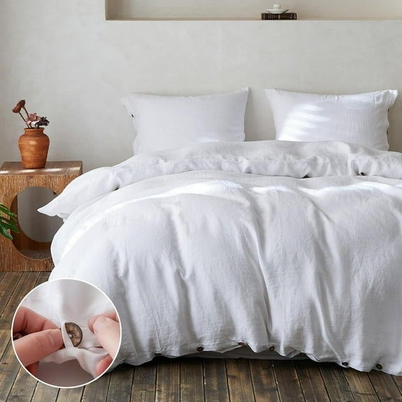 Simple&Opulence Linen Duvet Cover Set-Pure Linen 2 Pieces Bedding Set, 1 Duvet Cover 68 × 86 Inches and 1 Pillowcase-Coconut Button Collection Soft & Cozy ,Cooling Bedding-White, Twin