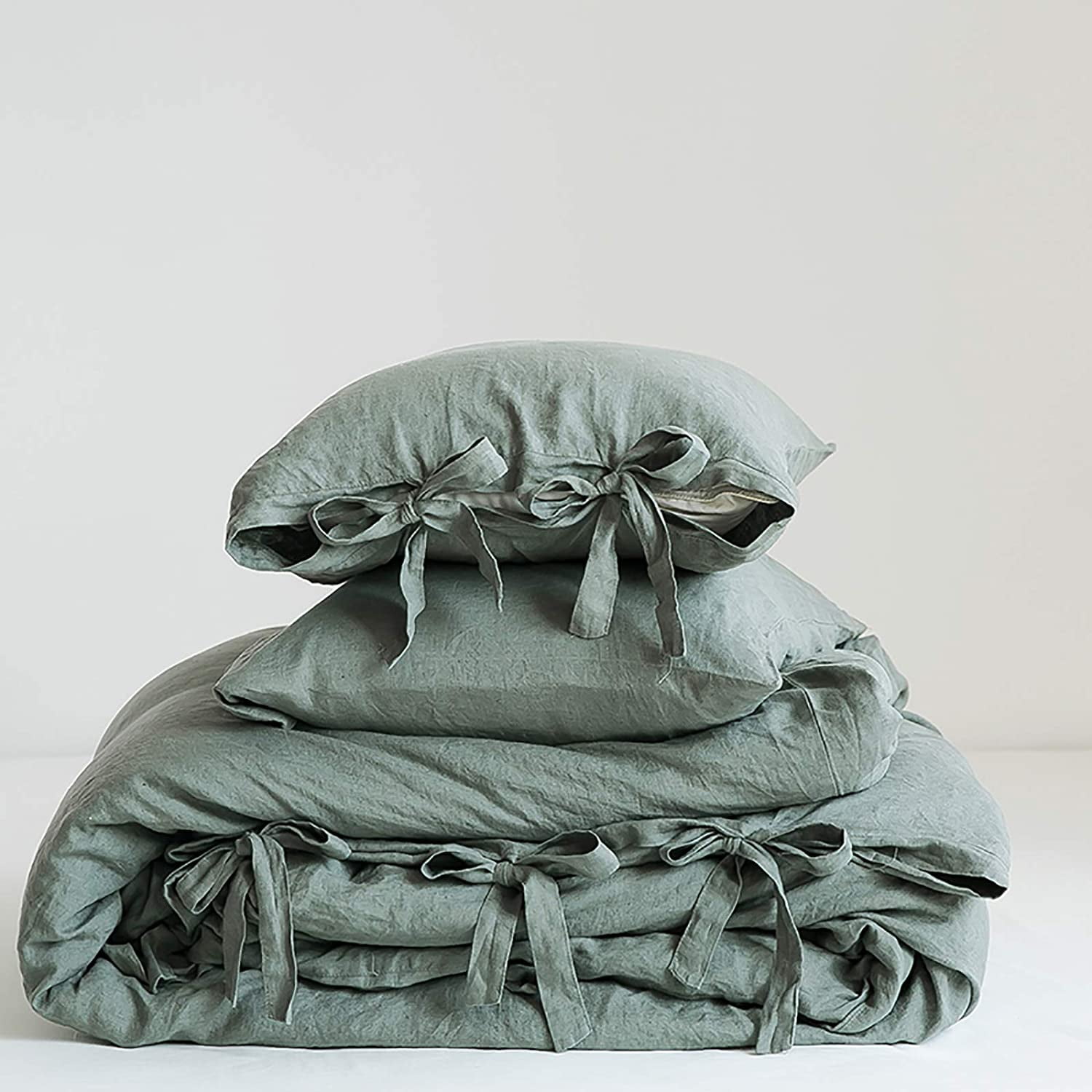 Simple&Opulence 100% Linen Duvet Cover Set, 3 Piece Belgian Flax Breathable Bedding, King Size 104''x92'' (1 Comforter Cover+2 Pillowshams) with Tie Closure Style,Greyish-Green