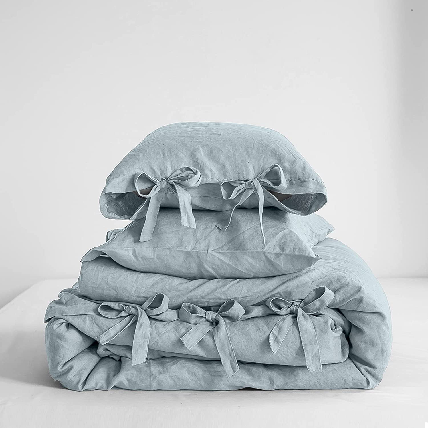 Simple&Opulence 100% Linen Duvet Cover Set, 3 Piece Belgian Flax Breathable Bedding, King Size 104''x92'' (1 Comforter Cover+2 Pillowshams) with Tie Closure Style,Dusty Blue