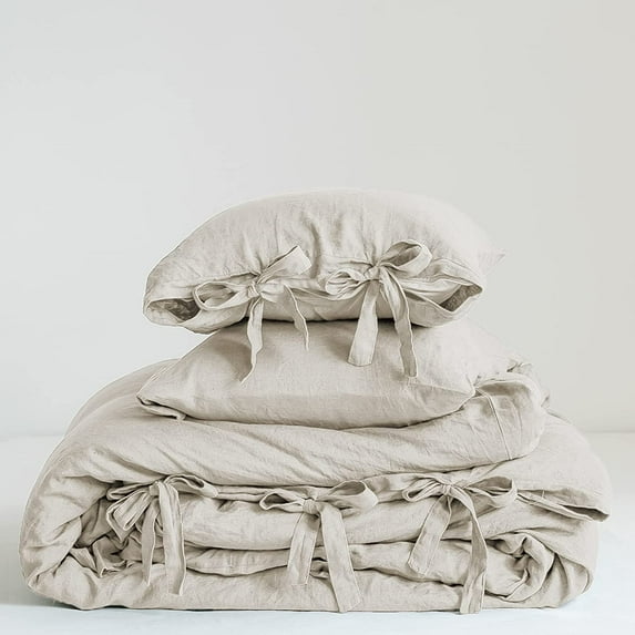 Simple&Opulence 100% Linen Duvet Cover Set, 3 Piece Belgian Flax Breathable Bedding, Queen Size 88''x92'' (1 Comforter Cover+2 Pillowshams) with Tie Closure Style,Linen