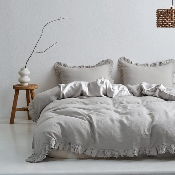 Simple&Opulence 100% Linen Duvet Cover Set-3 Pieces Premium Ruffled Farmhouse Bedding 1 Comforter Cover and 2 Pillow Shams France Flax High End Floral Frill Sets Vintage Chic Style(Full,Light Grey)
