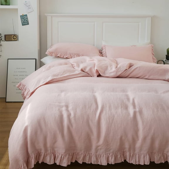 Simple&Opulence 100% Linen Duvet Cover Set-3 Pieces Premium Ruffled Farmhouse Bedding 1 Comforter Cover and 2 Pillow Shams France Flax High End Floral Frill Sets Vintage Chic Style (Full, Blush Pink)