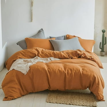 Simple&Opulence 100% Linen Duvet Cover Set 3pcs Natural French Basic Style Washed Flax Solid Color Breathable Soft Farmhouse Bedding with Button Closure (Rust, Queen)