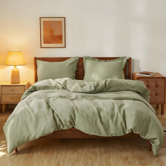 Simple&Opulence 100% Linen Duvet Cover Set 3pcs Natural French Basic Style Washed Flax Solid Color Breathable Soft Farmhouse Bedding with Button Closure (Sage Green, King)