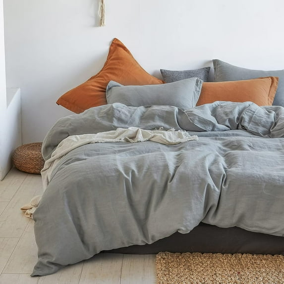 Simple&Opulence 100% Linen Duvet Cover Set Basic Style 3pcs Solid Color Bedding with Button Closure, Durable and Easy Care (Light Dusty Blue, Queen)