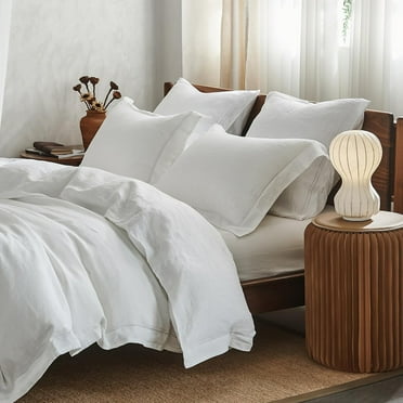 Simple&Opulence 100% Linen Duvet Cover Set with Embroidered 104"x92" - 3 Pieces Soft Farmhouse Comforter Set with Button Closure,1 Duvet Cover and 2 Pillowshams(King,White)