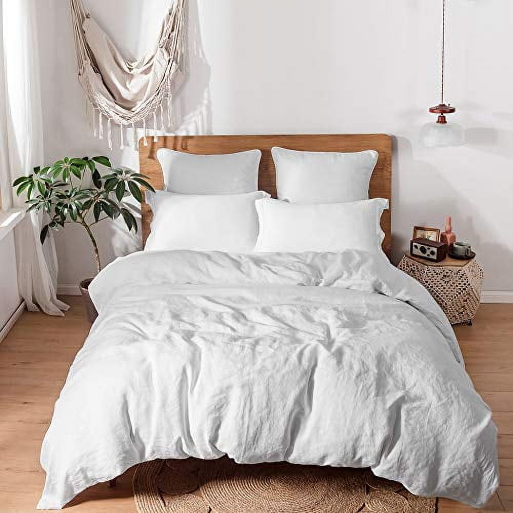 Simple&Opulence 100% Linen Duvet Cover Set with Washed-French Flax-3 Pieces Solid Color Basic Style Bedding Set-Breathable Soft Comforter Cover with 2 Pillowshams(King,White)