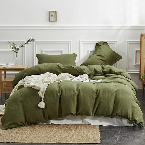 Simple&Opulence 100% Linen Duvet Cover Set with Washed-French Flax-3 Pieces Solid Color Basic Style Bedding Set-Breathable Soft Comforter Cover with 2 Pillowshams (Olive Green, King)