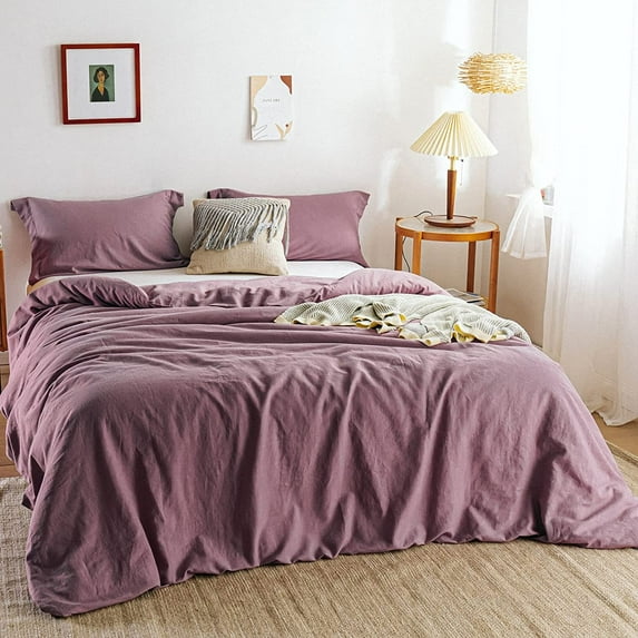 Simple&Opulence 100% Linen Duvet Cover Set with Washed-French Flax-3 Pieces Solid Color Basic Style Bedding Set-Breathable Soft Comforter Cover with 2 Pillowshams(King,Purple)