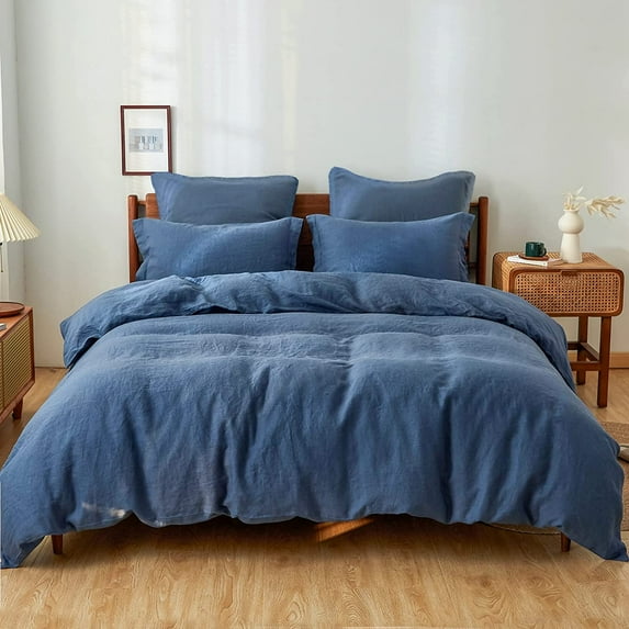 Simple&Opulence 100% Linen Duvet Cover Set with Washed-French Flax-3 Pieces Solid Color Basic Style Bedding Set-Breathable Soft Comforter Cover with 2 Pillowshams (Classic Blue, King)