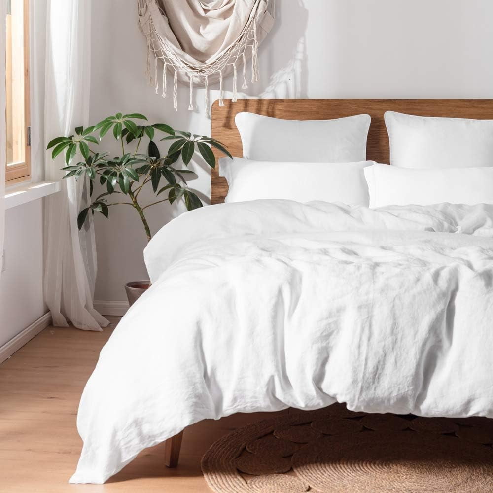Simple&Opulence 100% Linen Duvet Cover Set with Washed-French Flax-3 Pieces Solid Color Basic Style Bedding Set-Breathable Soft Comforter Cover with 2 Pillowshams(King,White)