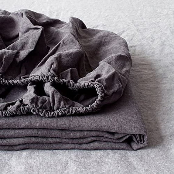 Simple&Opulence 100% Linen Fitted Sheet (1 Piece) Mattress Cover, Natural Belgian Flax-Full Size, 14 Inch Deep Pocket Stone Washed Farmhouse Bedding - Charcoal Grey
