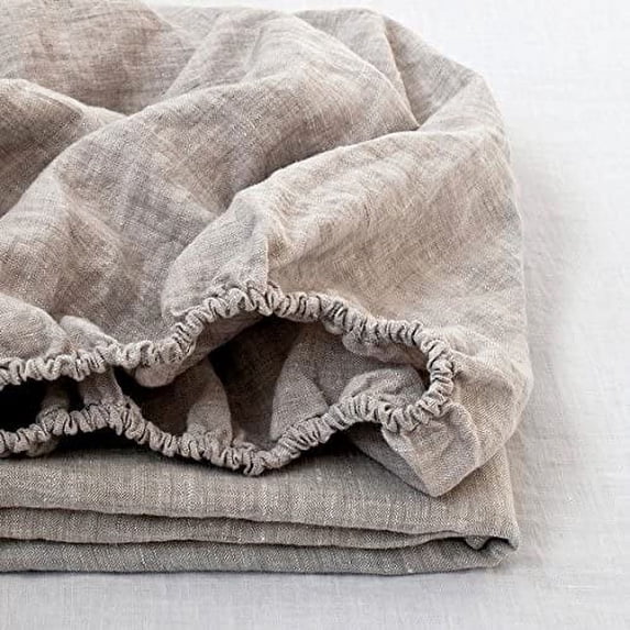 Simple&Opulence 100% Linen Fitted Sheet (1 Piece) Mattress Cover, Natural Belgian Flax-Full Size, 14 Inch Deep Pocket Stone Washed Farmhouse Bedding-Linen
