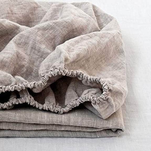 Simple&Opulence 100% Linen Fitted Sheet (1 Piece) Mattress Cover, Natural Belgian Flax-Queen Size, 14 Inch Deep Pocket Stone Washed Farmhouse Bedding-Linen