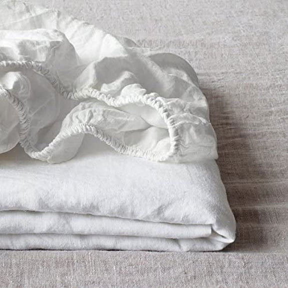 Simple&Opulence 100% Linen Fitted Sheet (1 Piece) Mattress Cover, Natural Belgian Flax-Queen Size, 14 Inch Deep Pocket Stone Washed Farmhouse Bedding-White