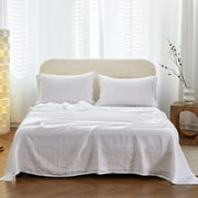 Simple&Opulence 100% Linen Hollow Hemstitch Sheet Set -4 Pieces European Flax Pure Washed Bed Sheets 1 Flat Sheet, 1 Fitted Sheet,2 Pillowcases -Breathable and Soft Hemstitch White, King