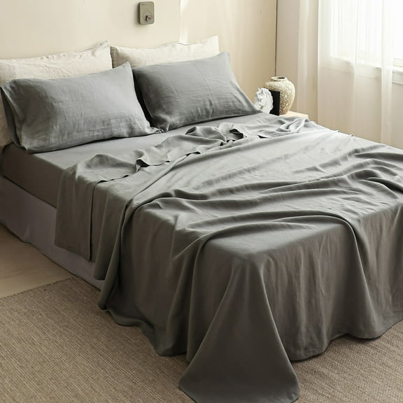 Simple&Opulence 100% Linen Sheet Set 4pcs Basic Style, Deep Pocket, Natural French Washed Flax Solid Color Soft Breathable Bed Sheets - Ultimate Grey, Queen