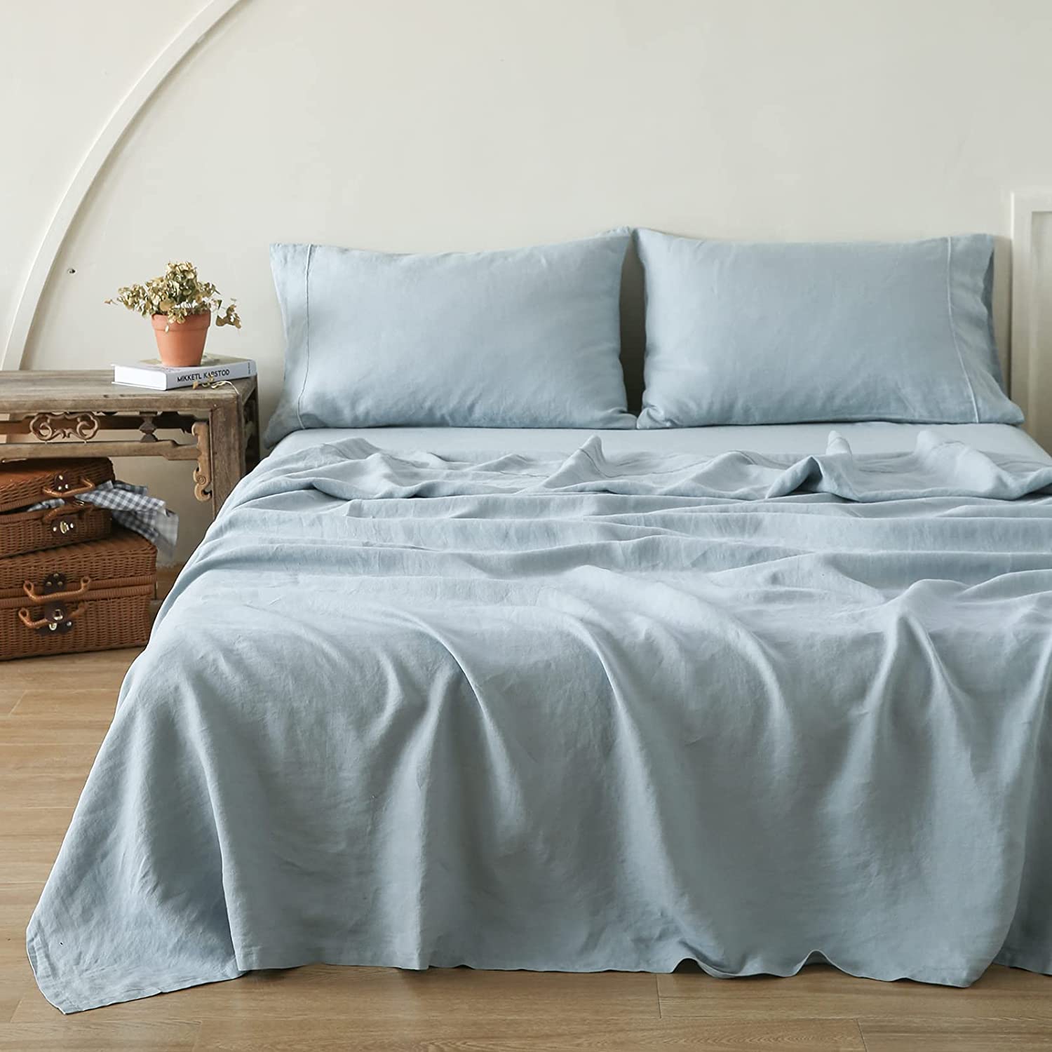 Simple&Opulence 100% Linen Sheet Set-Pure Linen Bedding Sheet-3 Pieces (1 Flat Sheet,1 Fitted Sheet,1 Pillowcase)-Embroidery Collection,Soft & Cozy,Cooling Bedding- Twin Size, Dusty Blue