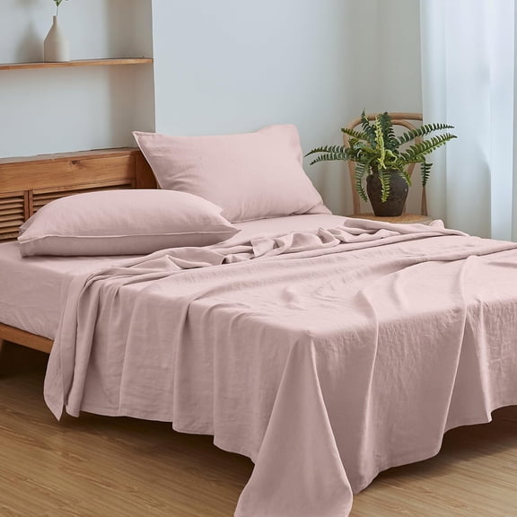 Simple&Opulence 100% Linen Sheet Set Solid Color-3 Pcs Washed French Linen Bed Sheets(1 Flat Sheet,1 Fitted Sheet,1 Pillowcase)-Breathable Bedding Set (Twin, Blush Pink)