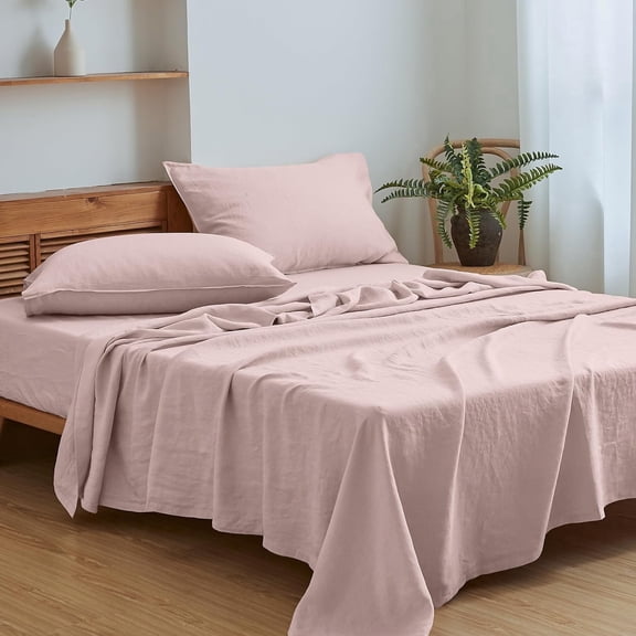 Simple&Opulence 100% Linen Sheet Set Solid Color-3 Pcs Washed French Linen Bed Sheets(1 Flat Sheet,1 Fitted Sheet,1 Pillowcase)-Breathable Bedding Set (Twin, Blush Pink)