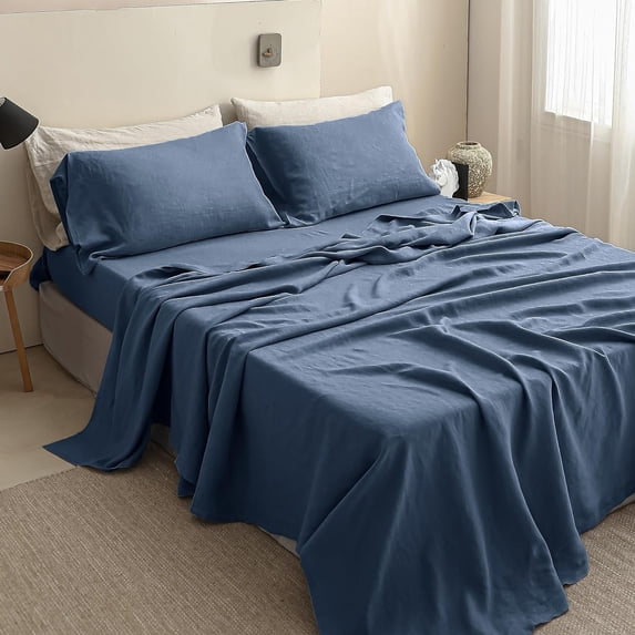 Simple&Opulence 100% Linen Sheet Set Solid Color-3 Pcs Washed French Linen Bed Sheets(1 Flat Sheet,1 Fitted Sheet,1 Pillowcase)-Breathable Bedding Set (Twin,Blue)