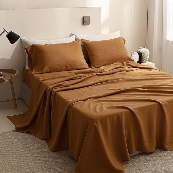 Simple&Opulence 100% Linen Sheet Set Solid Color-3 Pcs Washed French Linen Bed Sheets-Breathable Bedding Set1 Flat Sheet,1 Fitted Sheet,1 Pillowcase(Twin, Basic Rust)