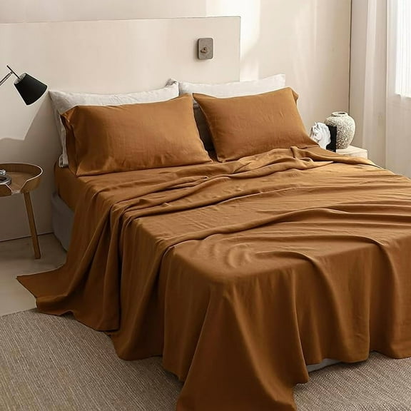 Simple&Opulence 100% Linen Sheet Set Solid Color-4 Pcs Washed French Linen (1 Flat Sheet,1 Fitted Sheet,2 Pillowcases)-Breathable Bedding Set (Rust, Queen)