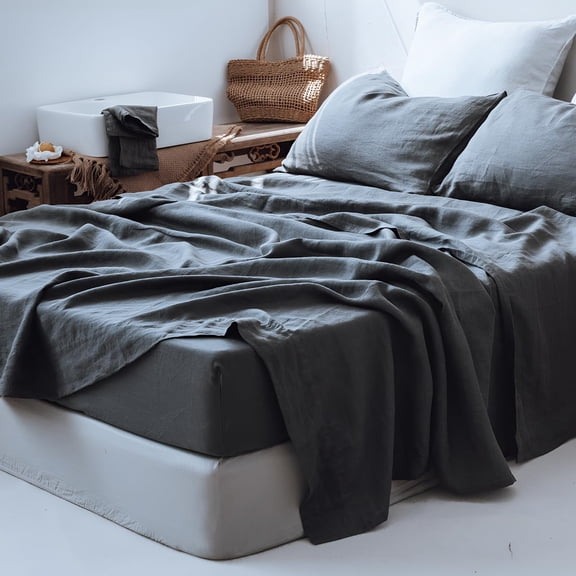 Simple&Opulence 100% Linen Sheet Set Solid Color-4 Pcs Washed French Linen Bed Sheets(1 Flat Sheet,1 Fitted Sheet,2 Pillowcases)-Breathable Bedding Set (King,Dark Grey)