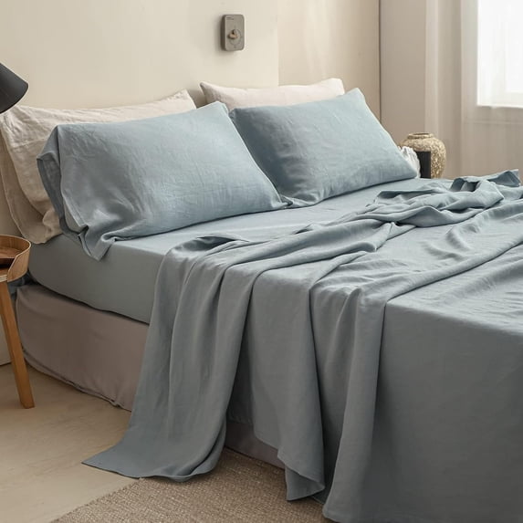 Simple&Opulence 100% Linen Sheet Set Solid Color-4 Pcs Washed French Linen Bed Sheets(1 Flat Sheet,1 Fitted Sheet,2 Pillowcases)-Breathable Bedding Set (Dusty Blue, King)