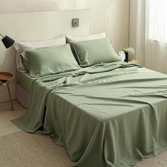 Simple&Opulence 100% Linen Sheet Set Solid Color-4 Pcs Washed French Linen Bed Sheets(1 Flat Sheet,1 Fitted Sheet,2 Pillowcases)-Breathable Bedding Set (Full, Sage Green)
