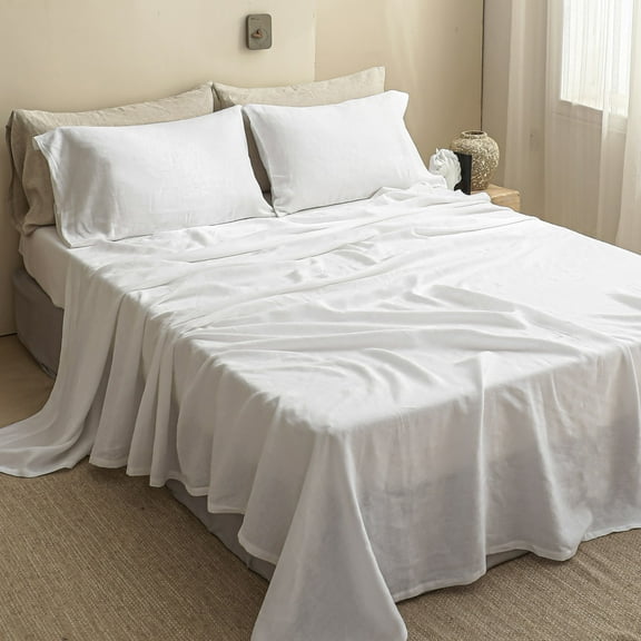 Simple&Opulence 100% Linen Sheet Set Solid Color-4 Pcs Washed French Linen Bed Sheets(1 Flat Sheet,1 Fitted Sheet,2 Pillowcases)-Breathable Bedding Set (Full, Basic White)