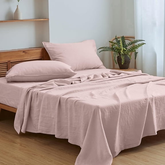 Simple&Opulence 100% Linen Sheet Set Solid Color-4 Pcs Washed French Linen Bed Sheets(1 Flat Sheet,1 Fitted Sheet,2 Pillowcases)-Breathable Bedding Set (California King, Blush Pink)