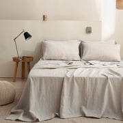 Simple&Opulence 100% Linen Sheet Set Solid Color- 6 Pcs Washed French Flax Bed Sheets 1 Flat Sheet, 1 Fitted Sheet, 4 Pillowcases - Breathable Home Collection Basic Linen, Queen