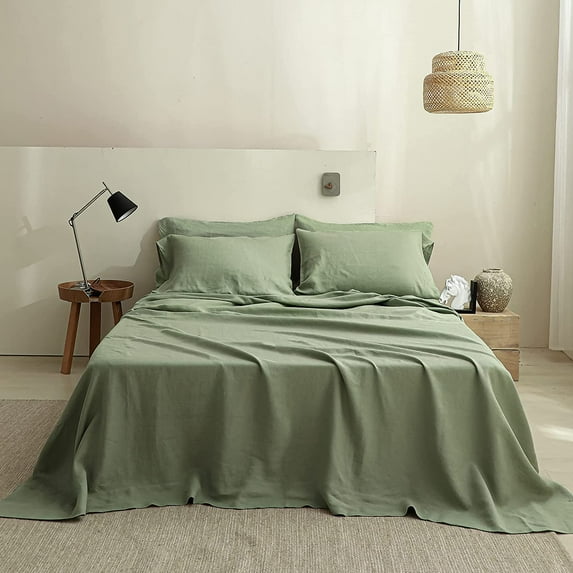 Simple&Opulence 100% Linen Sheet Set Solid Color- 6 Pcs Washed French Flax Bed Sheets (1 Flat Sheet, 1 Fitted Sheet, 4 Pillowcases) - Breathable Home Collection (Basic Sage Green, Queen)