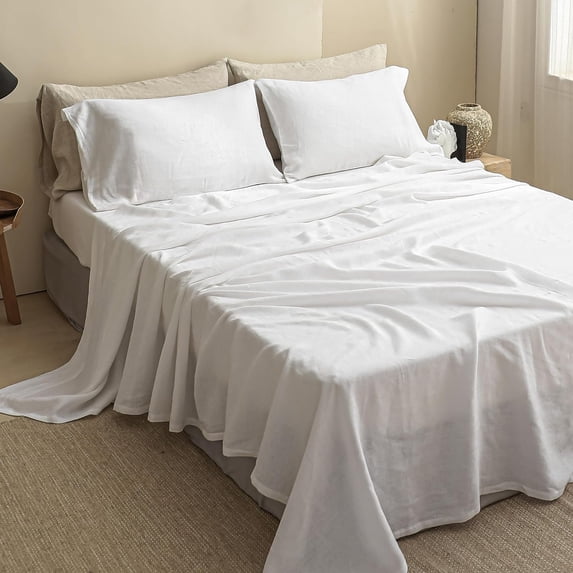 Simple&Opulence 100% Linen Sheet Set Solid Color- 6 Pcs Washed French Flax Bed Sheets (1 Flat Sheet, 1 Fitted Sheet, 4 Pillowcases) - Breathable Home Collection (Basic White, Queen)