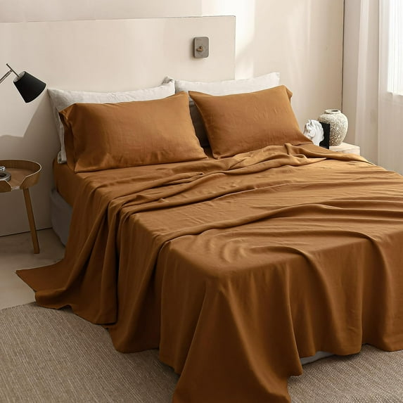 Simple&Opulence 100% Linen Sheet Set Solid Color- 6 Pcs Washed French Flax Bed Sheets (1 Flat Sheet, 1 Fitted Sheet, 4 Pillowcases) - Breathable Home Collection (Basic Rust, King)