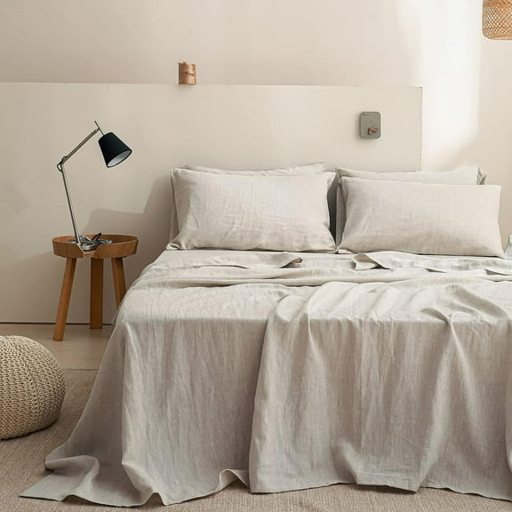 Simple&Opulence 100% Linen Sheet Set Solid Color- 6 Pcs Washed French Flax Bed Sheets (1 Flat Sheet, 1 Fitted Sheet, 4 Pillowcases) - Breathable Home Collection (Basic Linen, King)