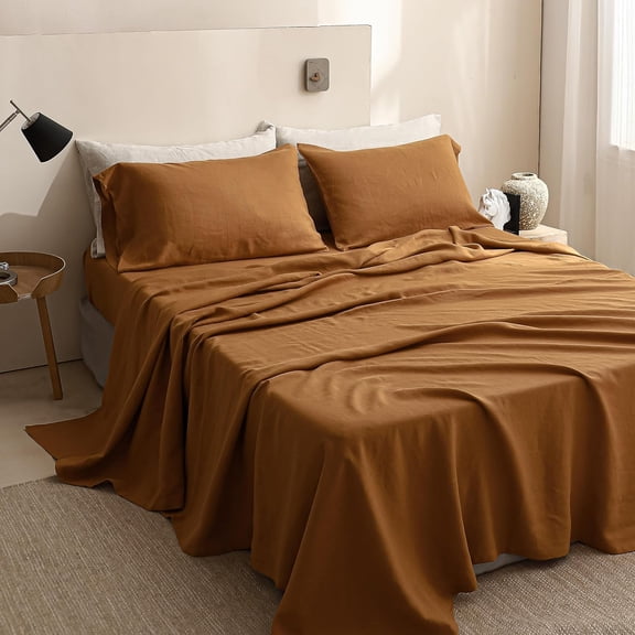 Simple&Opulence 100% Linen Sheet Set Solid Color- 6 Pcs Washed French Flax Bed Sheets (1 Flat Sheet, 1 Fitted Sheet, 4 Pillowcases) - Breathable Home Collection (Basic Rust, Queen)