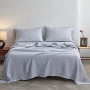 Simple&Opulence 100% Linen Sheets with Stripe King Size, 4 Pieces Breathable European Flax Pure Washed Bed Sheet Set with 14" Fitted Sheet, 1 Flat Sheet,2 PillowcasesVertical Stripes Blue